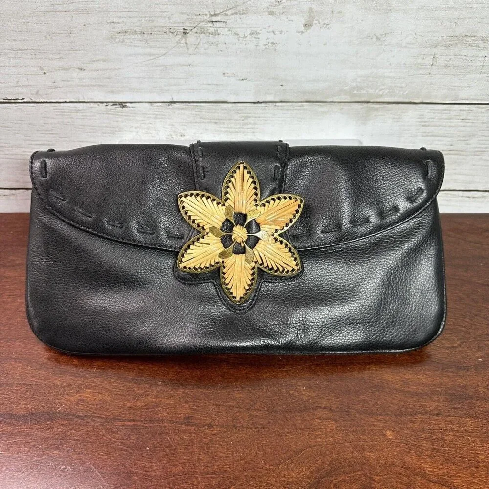 Coldwater Creek Women's Boho Leather Metal Cane Flower Clutch Bag Black Tan NWOT